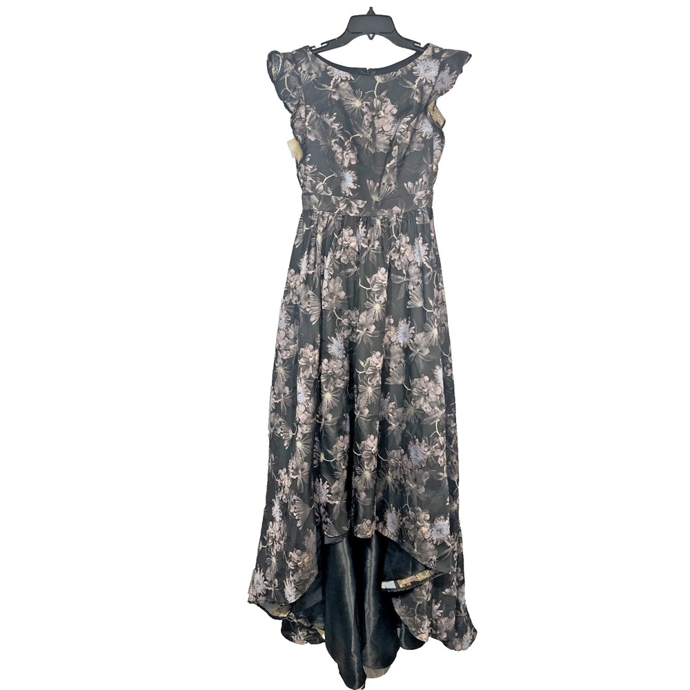 NWT IEENA Mac Duggal [ 0 ] 11615 High Neck Brocade Hi Lo Hem Gown‎ Black #S1772